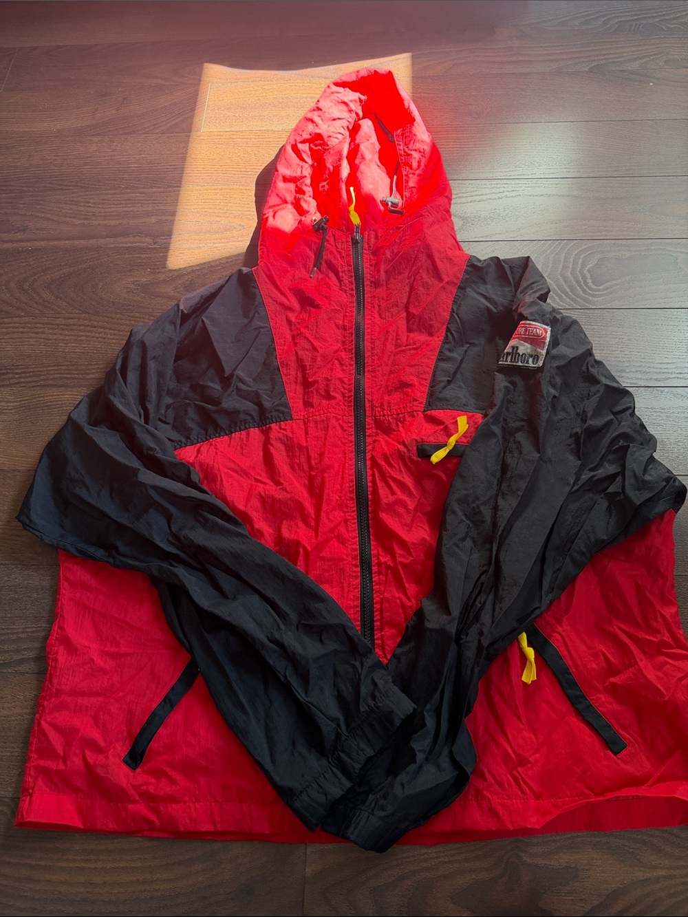 Marlboro Red and Black Hooded Windbreaker Jacket with Yellow Accents